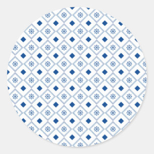 Round sticker design featuring a blue and white