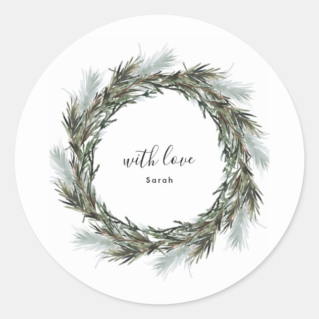 Round Sticker Pine Snow Wreath Christmas Holiday (Front)