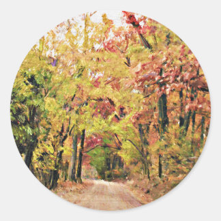 Round Sticker with Autumn Country Road Scene