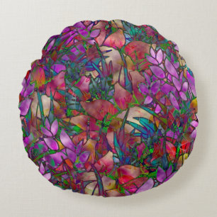 Round Throw Pillow Floral Stained Glass