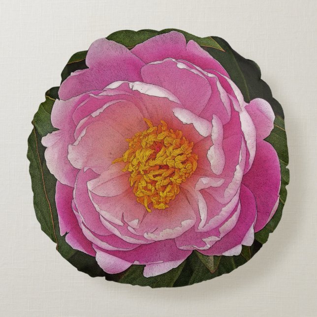 ROUND THROW PILLOW/ PINK PEONY CUSHION (Front)