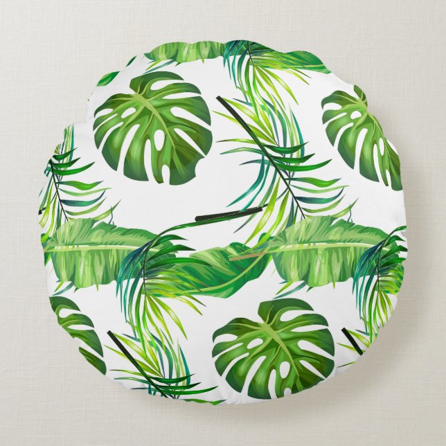 Round Throw Pillow-Tropical Leaves Cushion (Front)
