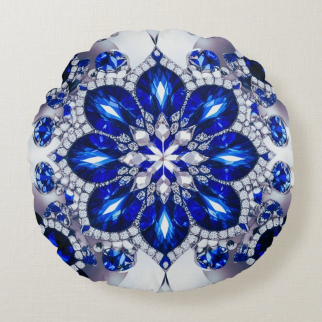 Round Throw Pillow with Blue White Colours (Front)