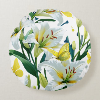 Round Throw Pillows White Lily Yellow Butterfly 