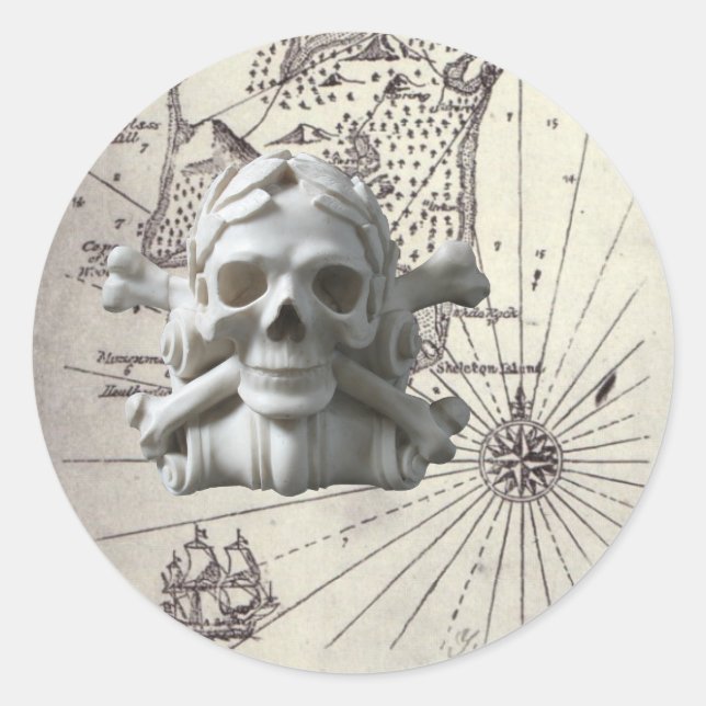 Round Treasure Island Map with Skull Stickers (Front)