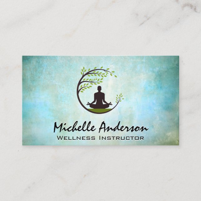 Round Tree Meditating Logo | Green Blue Texture Business Card (Front)