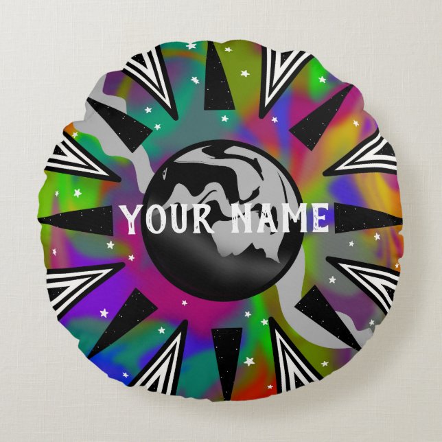 Round Trippy Psychedelic Planet Black/White Throw Cushion (Front)