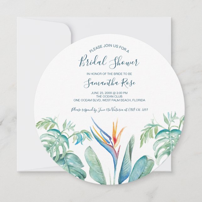 Round Tropical Watercolor Botanical Bridal Shower Save The Date (Front)