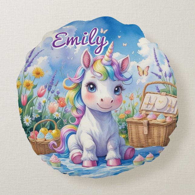 Round Unicorn Picnic Pillow – Editable Name (Back)