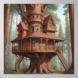 Round victorian tree house in redwood tree poster