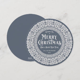 Round Vintage Blue + Off White Celtic Holiday Card