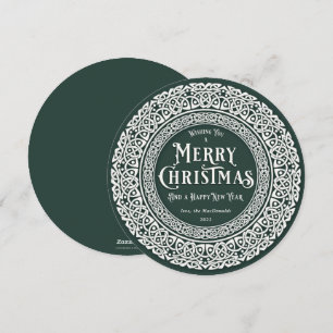 Round Vintage Green + Off White Celtic Holiday Card