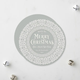 Round Vintage Green + Off White Celtic Holiday Card