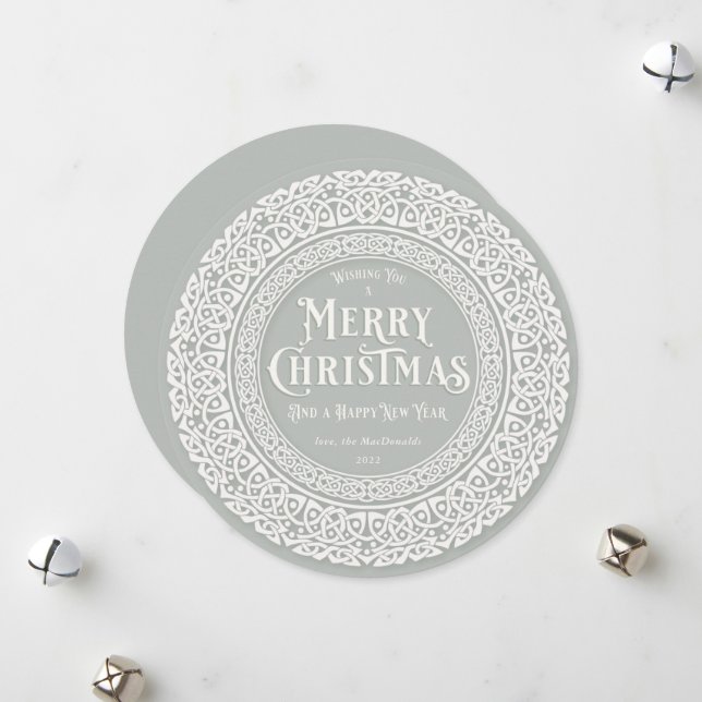 Round Vintage Green + Off White Celtic Holiday Card (Front/Back In Situ)
