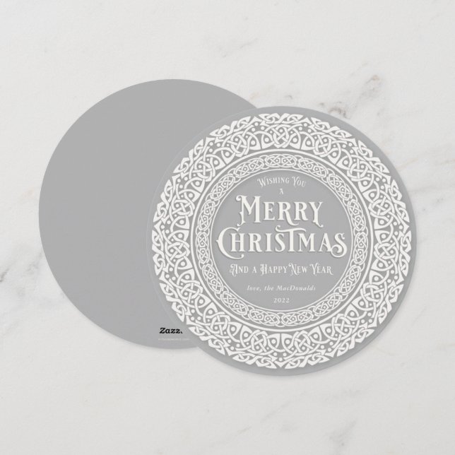 Round Vintage Grey + Off White Celtic Holiday Card (Front/Back)