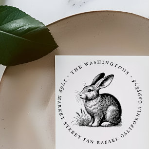 Round Vintage Rabbit Family Name Return Address Rubber Stamp