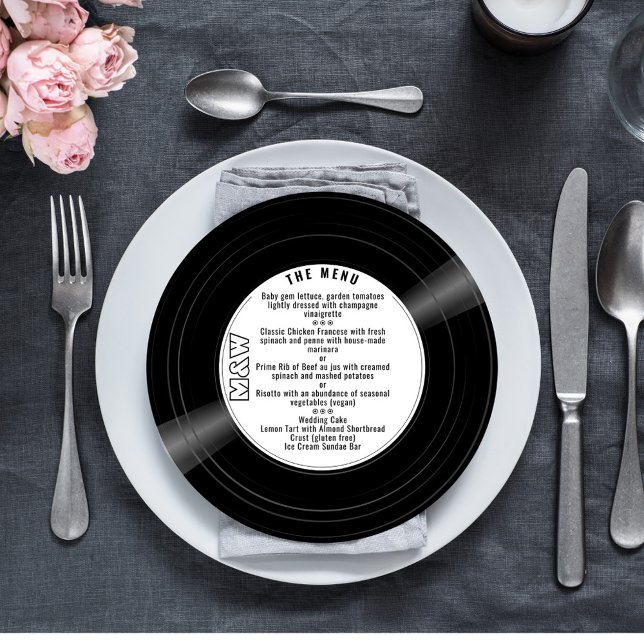 Round Vinyl Record Wedding Menu with Monogram (Round vinyl record style wedding dinner menu with your monogram.)
