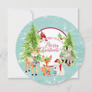 Round w Photo Woodland Forest Merry Christmas Wood Holiday Card
