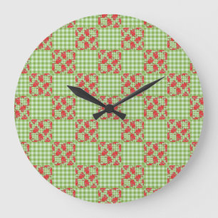 Round Wall Clock: Cute Red Dragons, Green Gingham Large Clock
