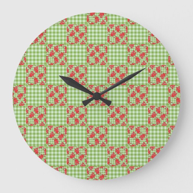 Round Wall Clock: Cute Red Dragons, Green Gingham Large Clock (Front)