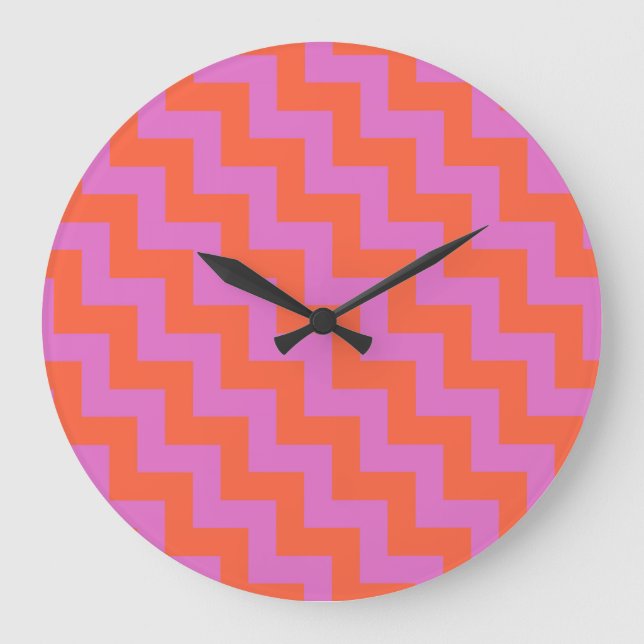 Round Wall Clock, Magenta and Orange Chevrons Large Clock (Front)