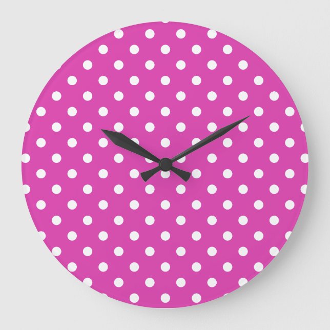 Round Wall Clock: Magenta with White Polka Dots Large Clock (Front)