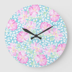 Round Wall Clock, Pink Roses, White Butterflies Large Clock