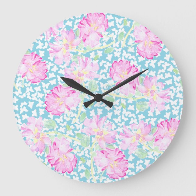 Round Wall Clock, Pink Roses, White Butterflies Large Clock (Front)