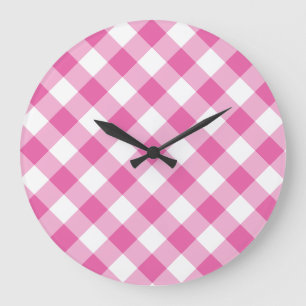 Round Wall Clock: Pink, White Check Gingham Large Clock