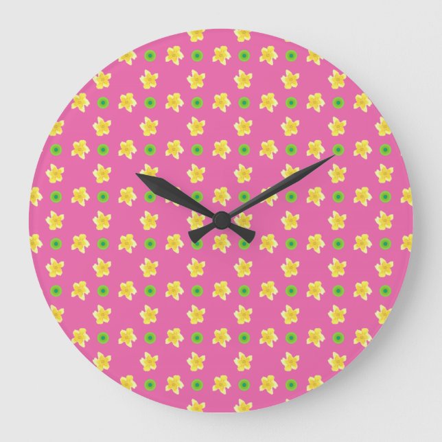 Round Wall Clock: Primroses on Deep Pink, Polkas Large Clock (Front)