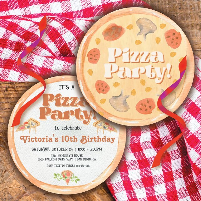 Round Watercolor Pizza Birthday Party Invitation (Creator Uploaded)