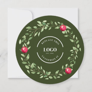 Round watercolor Wreath Green Red logo Christmas  Holiday Card