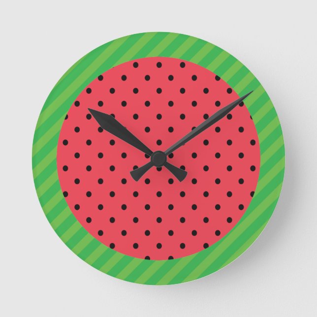 Round watermelon slice, pink black polka dots clock (Front)