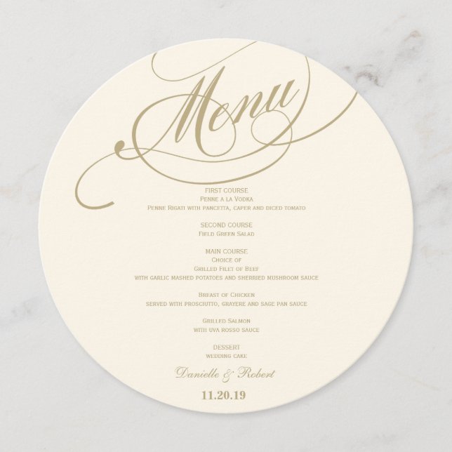 Round Wedding Dinner Menu Card For Plate (Front)