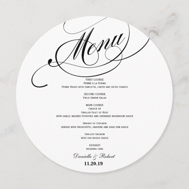 Round Wedding Dinner Menu Card For Plate (Front)