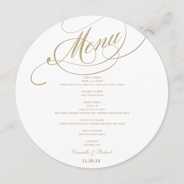 Round Wedding Dinner Menu Card For Plate (Front)