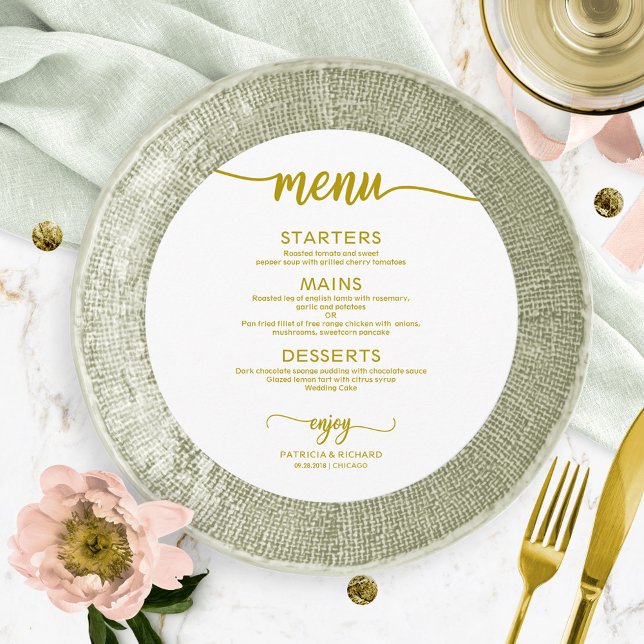 Round Wedding Menu Simple Elegant Gold Calligraphy (Creator Uploaded)