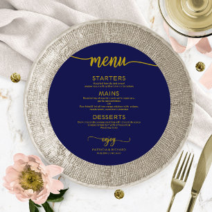 Round Wedding Menu Simple Elegant Gold Navy Blue