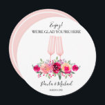 Round Wedding Rehearsal Dinner Plate Thank You<br><div class="desc">Put this round thank you card on guests' dinner plates at your Rehearsal Dinner,  Wedding Reception,  bridal shower or any occasion featuring shades pink and cream flowers and two pale pink champagne glasses. CHANGE the background colours on front and back to anything. MATCHING ITEMS in our collection.</div>