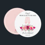 Round Wedding Rehearsal Dinner Plate Thank You<br><div class="desc">Put this round thank you card on guests' dinner plates at your Rehearsal Dinner,  Wedding Reception,  bridal shower or any occasion featuring shades pink and cream flowers and two pale pink champagne glasses. CHANGE the background colours on front and back to anything. MATCHING ITEMS in our collection.</div>