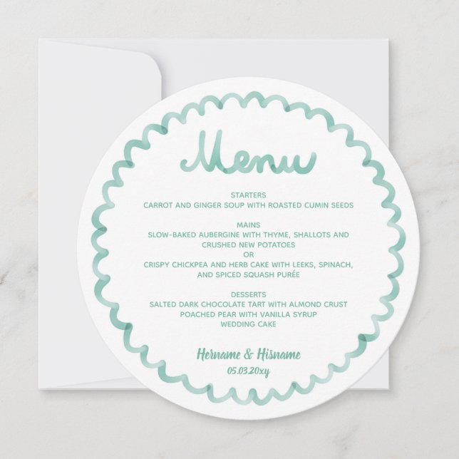 Round Whimsical Mint Green Frame Wedding Menu (Front)