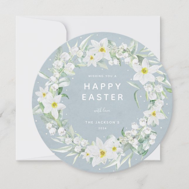 Round White Floral Wreath Happy Easter Flat Card (Front)