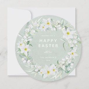 Round White Floral Wreath Happy Easter Flat Card