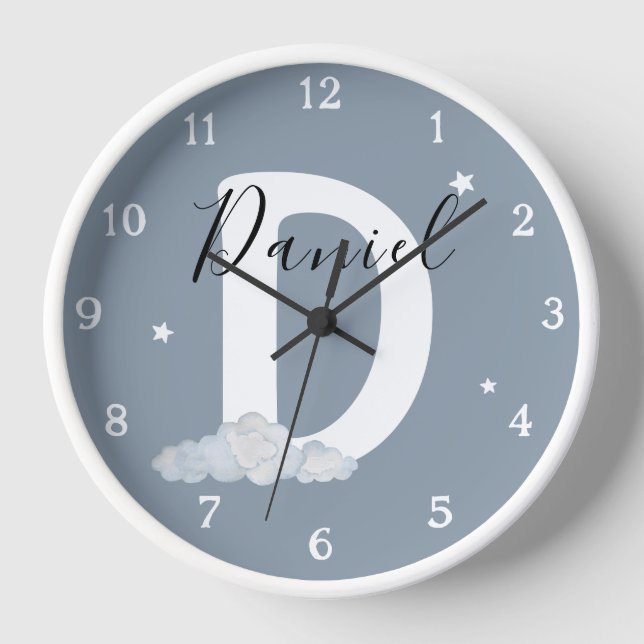 Round White Wood Frame Blue Nursery Wall Clock (Front)