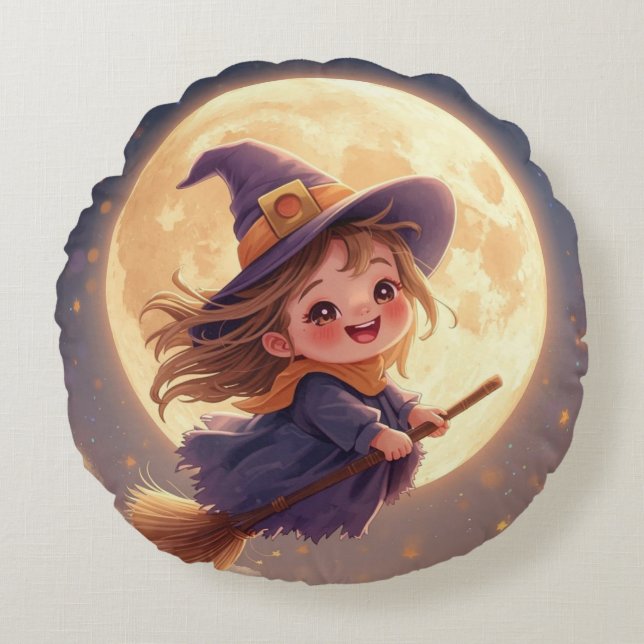 Round Witch Halloween Pillow – Spooky Decor (Front)