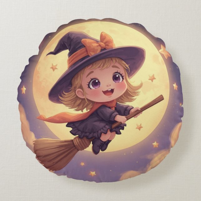  Round Witch Halloween Pillow – Spooky Decor (Front)