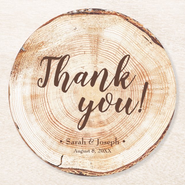 Round Wood Cut slice Rustic Wedding Thank You Paper Coaster (Front)