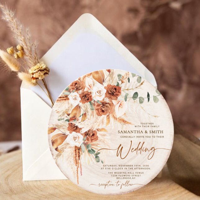 Round Wood Grain Boho Pampas Grass Photo Wedding  Invitation (Creator Uploaded)
