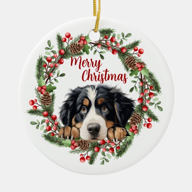 Round Wreath Ceramic Bernase Mountain Dog Ornament (Front)