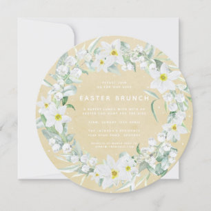 Round Yellow + White Floral Wreath Easter Brunch Invitation